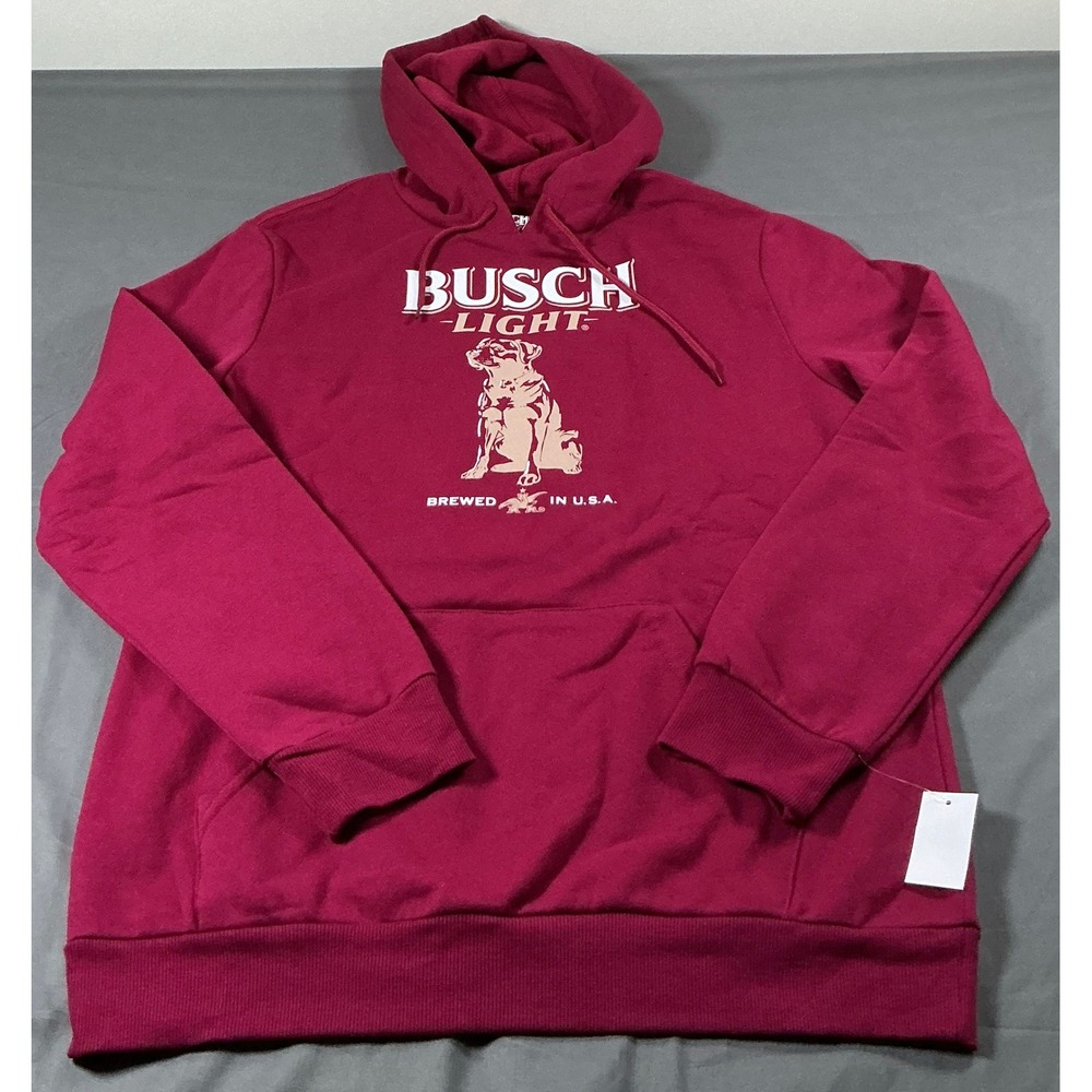 Busch Light Beer Dog Camping Hoodie Maroon Graphic Sweatshirt Mens Medium NEW